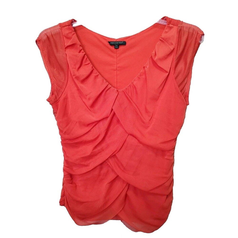 For Cynthia Petite Orange V-Neck Tiered Mesh Cap Sleeve Shirt Size PM